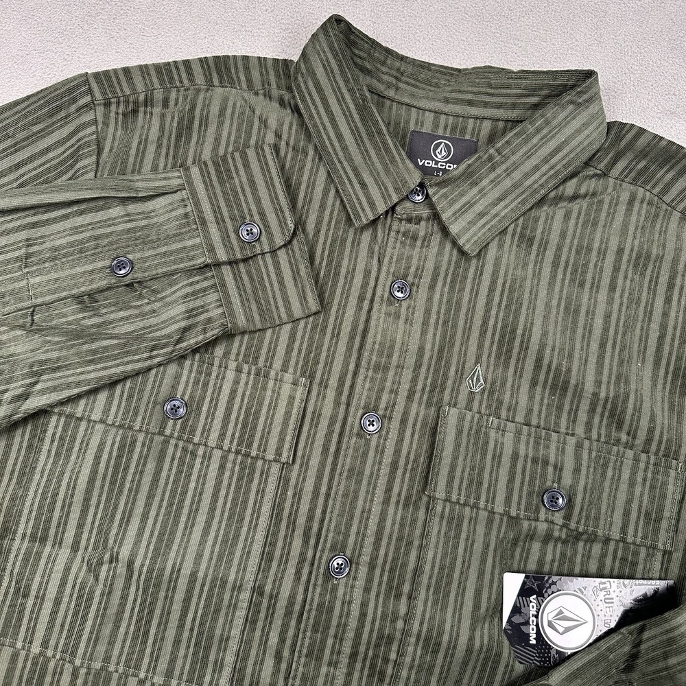 Volcom Steadfast Long Sleeve Dress Shirt Mens‎ L Stripe Corduroy Squadron Green